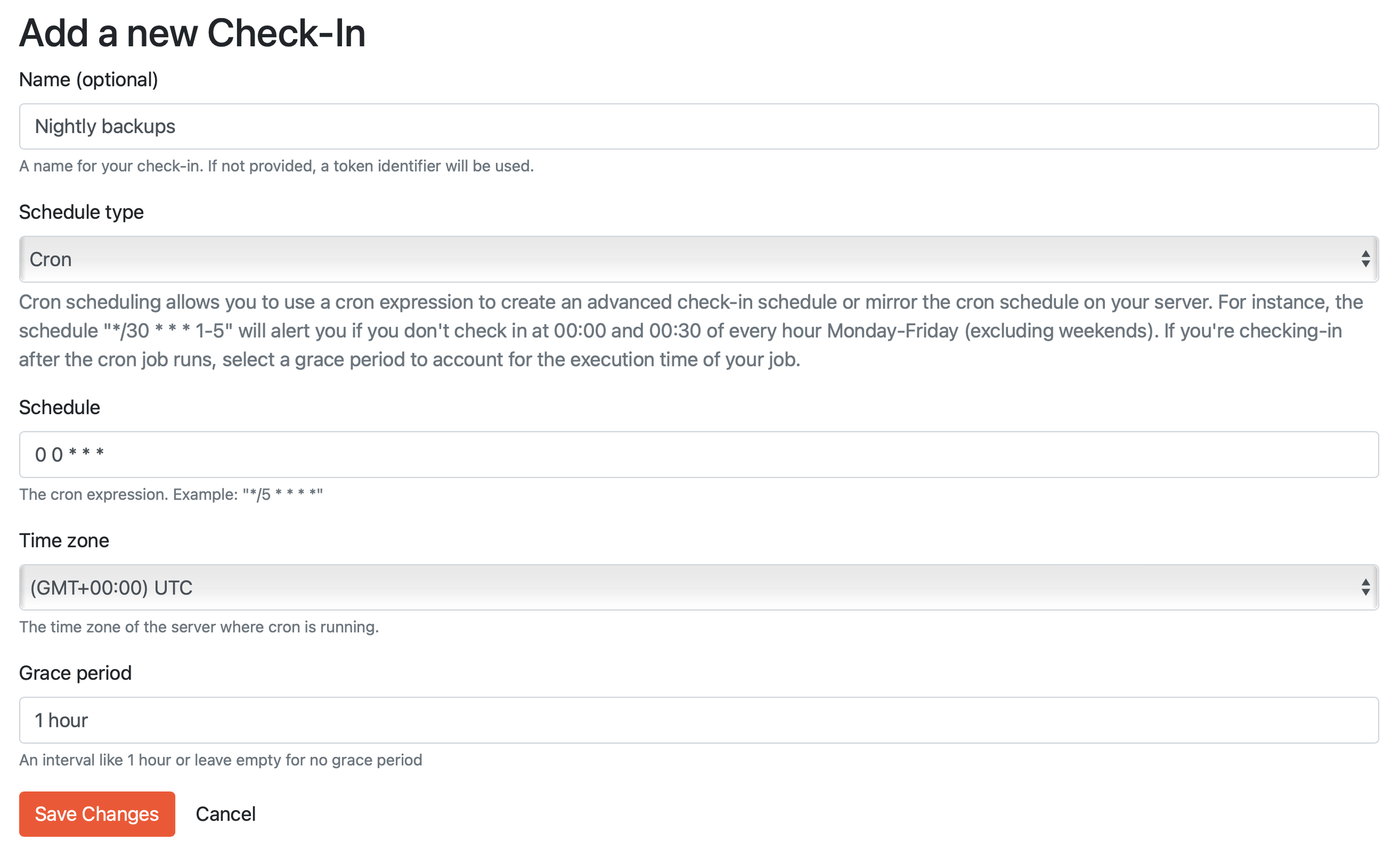 A screenshot of a form that lets you create a check-in in Honeybadger's cron monitoring UI