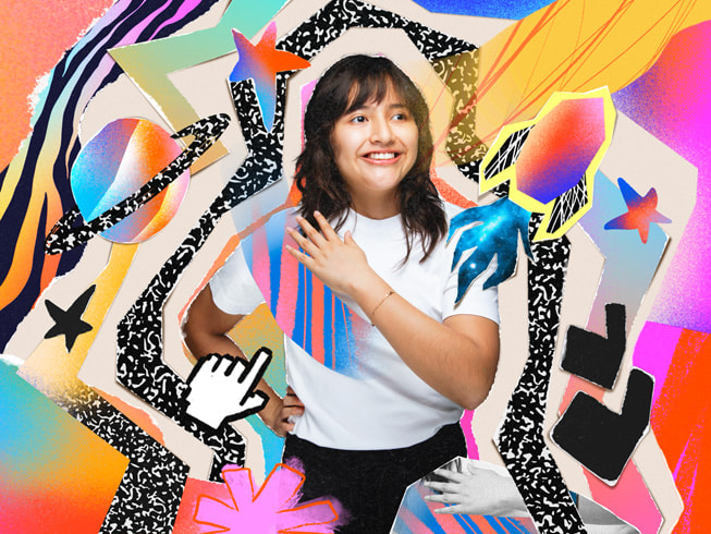 Un collage colorido con un retrato de la creadora de BreakDownCosmic, Luciana Ortiz Nolasco.
