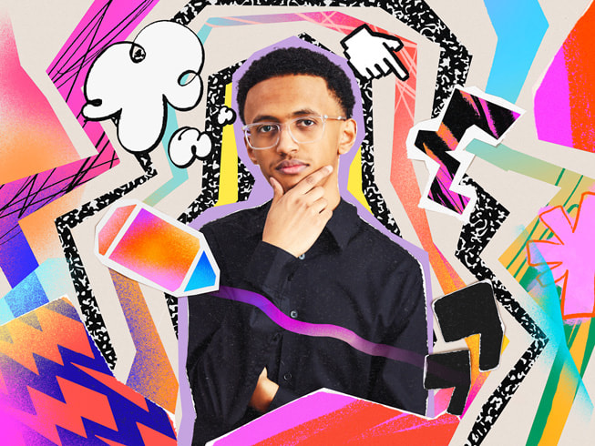Un collage colorido con un retrato del creador de AccessEd, Nahom Worku.