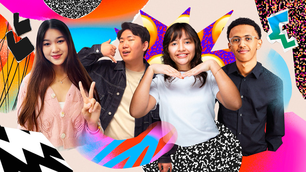 Una foto estilo collage con elementos de diseño ilustrados muestra a cuatro ganadores del Swift Student Challenge 2025: Marina Lee, Taiki Hamamoto, Luciana Ortiz Nolasco y Nahom Worku.