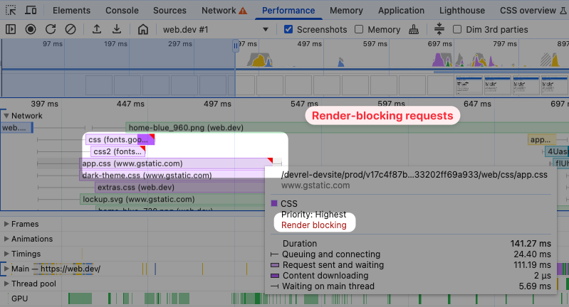 Render-blocking request in the DevTools performance tab