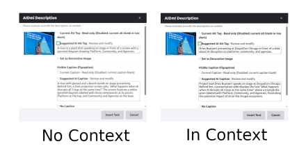 A screenshot showing an AI interface for editing image alt text and captions for a presentation slide featuring DrupalCon 2026 speaker Dries Buytaert.