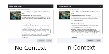 A comparison of two software interfaces labeled No Context and In Context, showing AI-generated alt text and captions for a resort pool image.