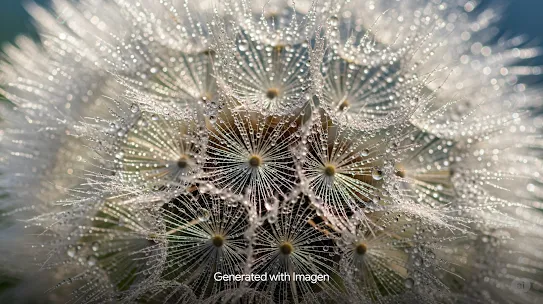 A close-up of a dandelion covered in dew drops. The text “Generated with Imagen” is overlaid.