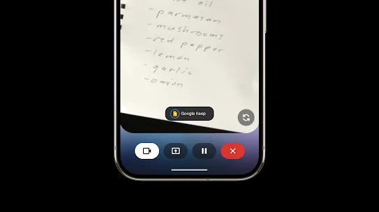 The bottom half of a mobile phone using Gemini Live. The screen shows a handwritten grocery list saving to Google Keep.