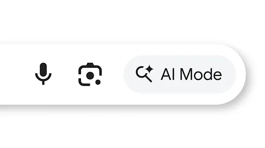 A bar that shows "AI Mode" highlighted. A microphone and camera icon are to the left.