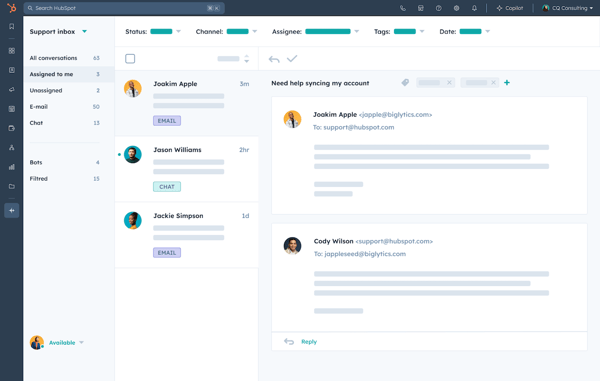 hubspot's help desk workspace UI showing Conversations inbox