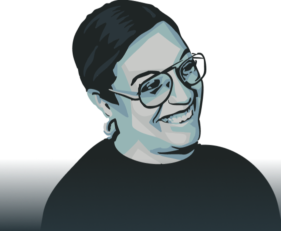 A stylized digital illustration of a person with short dark hair, glasses, and a big smile, wearing a dark top, against a light background.