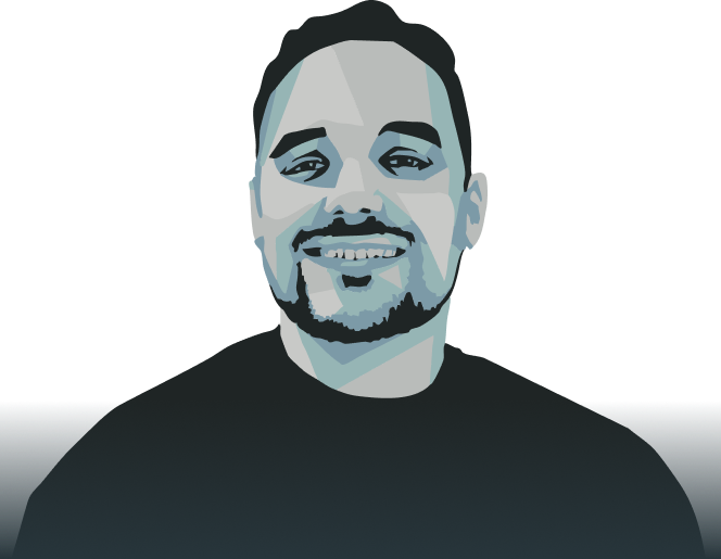 Illustration of a person with short dark hair, a trimmed beard, and a mustache, smiling and wearing a dark shirt against a plain, light background.