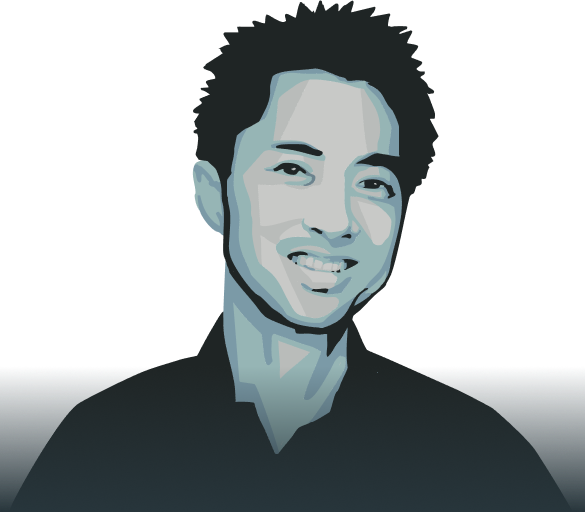 Digital illustration of a smiling person with short, spiky dark hair, wearing a dark shirt. The image uses cool tones and geometric shading for a stylized effect on a light background.