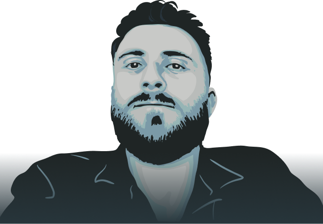 Digital illustration of a bearded man with short, dark hair, wearing a dark jacket. The image uses cool blue and gray tones, and the man is looking slightly upward with a neutral expression.