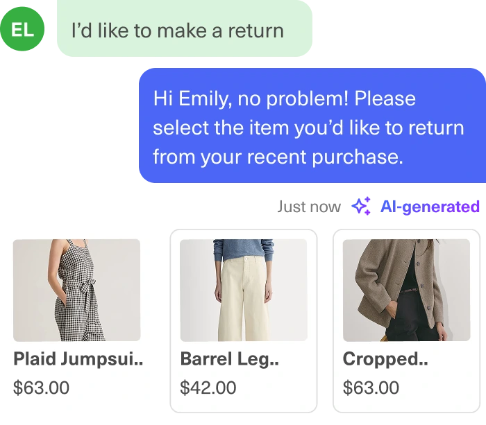 A chat shows a customer requesting a return. The response asks which recent purchase to return, showing images of a plaid jumpsuit ($63), barrel leg pants ($42), and a cropped jacket ($63).