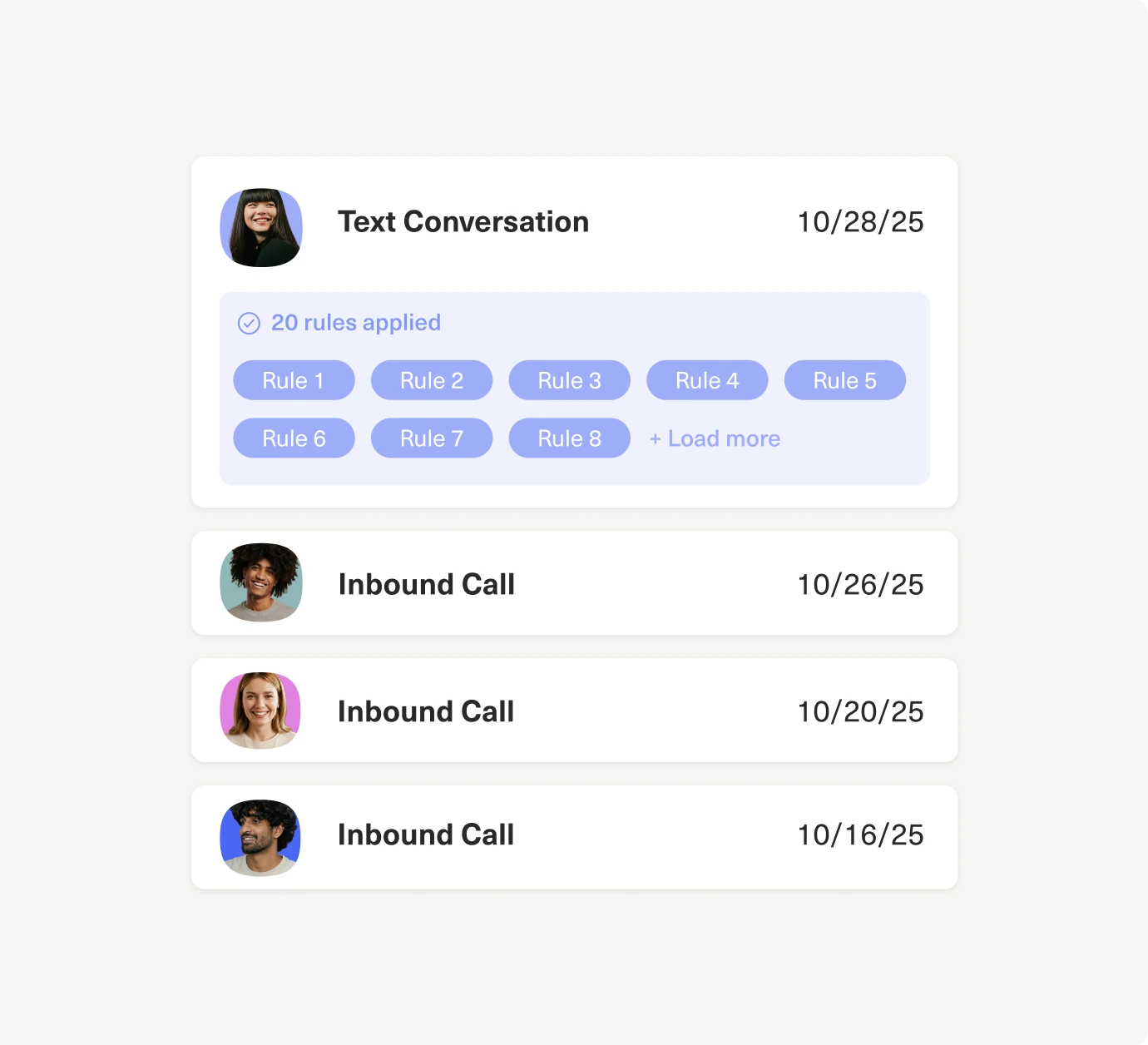 A list showing a text conversation with rules applied and a profile image, dated 10/28/25, above three inbound call entries, each with a profile image and date.