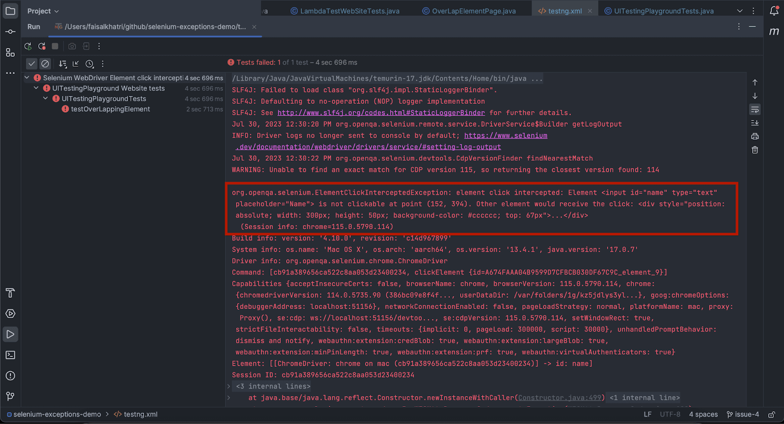 ElementClickInterceptedException in Selenium 4