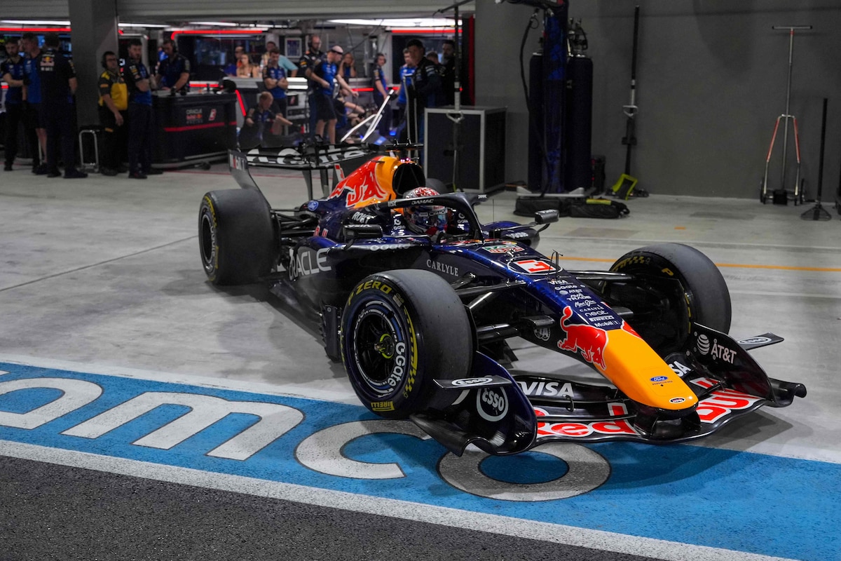 Red Bull Racing's Dutch driver Max Verstappen drives in the pits during the sprint qualifying session ahead of the Formula One Singapore Grand Prix at the Marina Bay Street Circuit in Singapore on October 9, 2026. (Photo by Ng Han Guan / POOL / AFP)