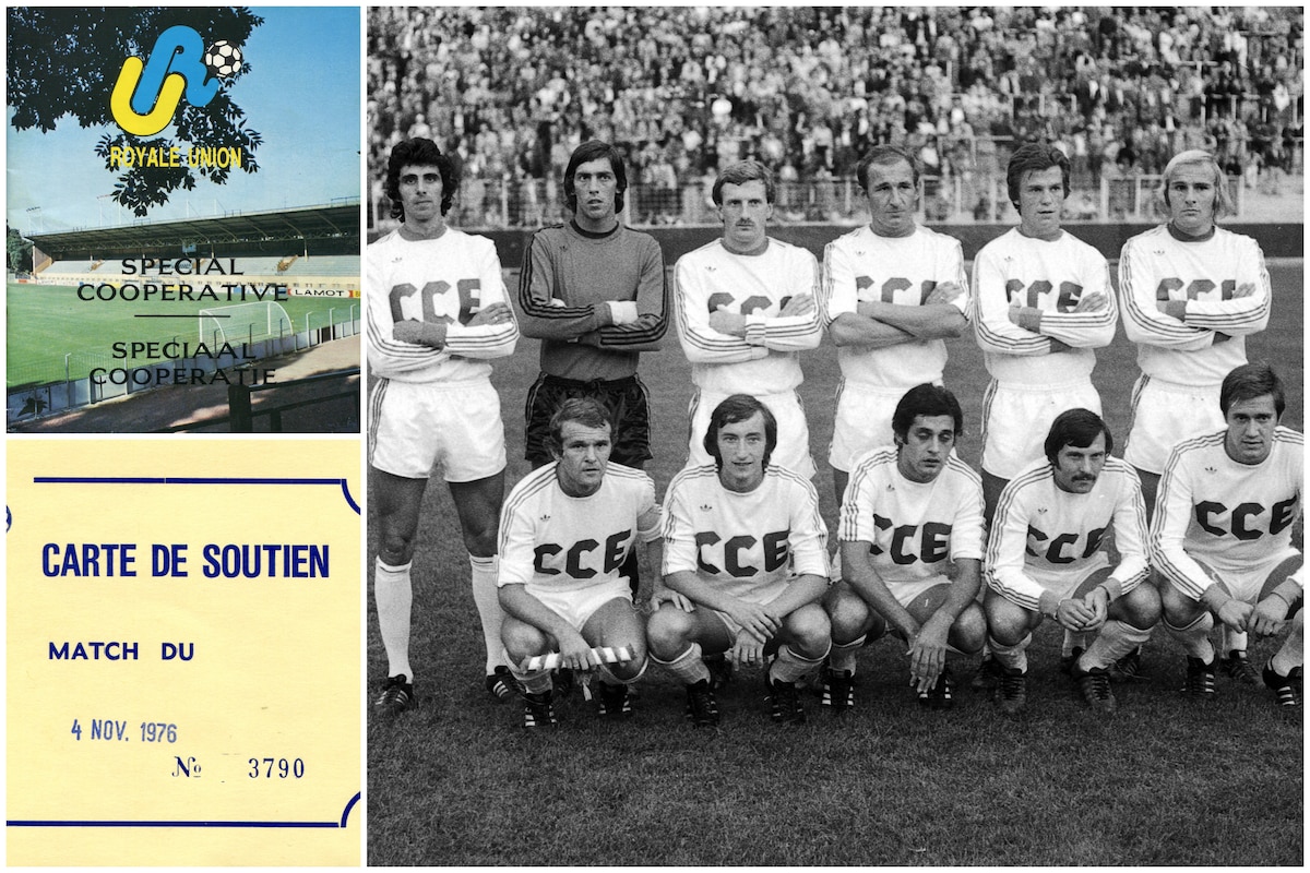 AFfiche coopérative Union et carte de soutien après faillite 1976 19750826 - BRUSSELS, BELGIUM - (FILE) This file picture dated 26 August 1975 shows Royale Union team before game between Royale Union (former name of Union Saint-Gilloise / Union Sint-Gillis) and dutch team PSV Eindhoven at Joseph Marien Staduim in Forest/Vorst, Brussels. BELGA PHOTO ARCHIVES