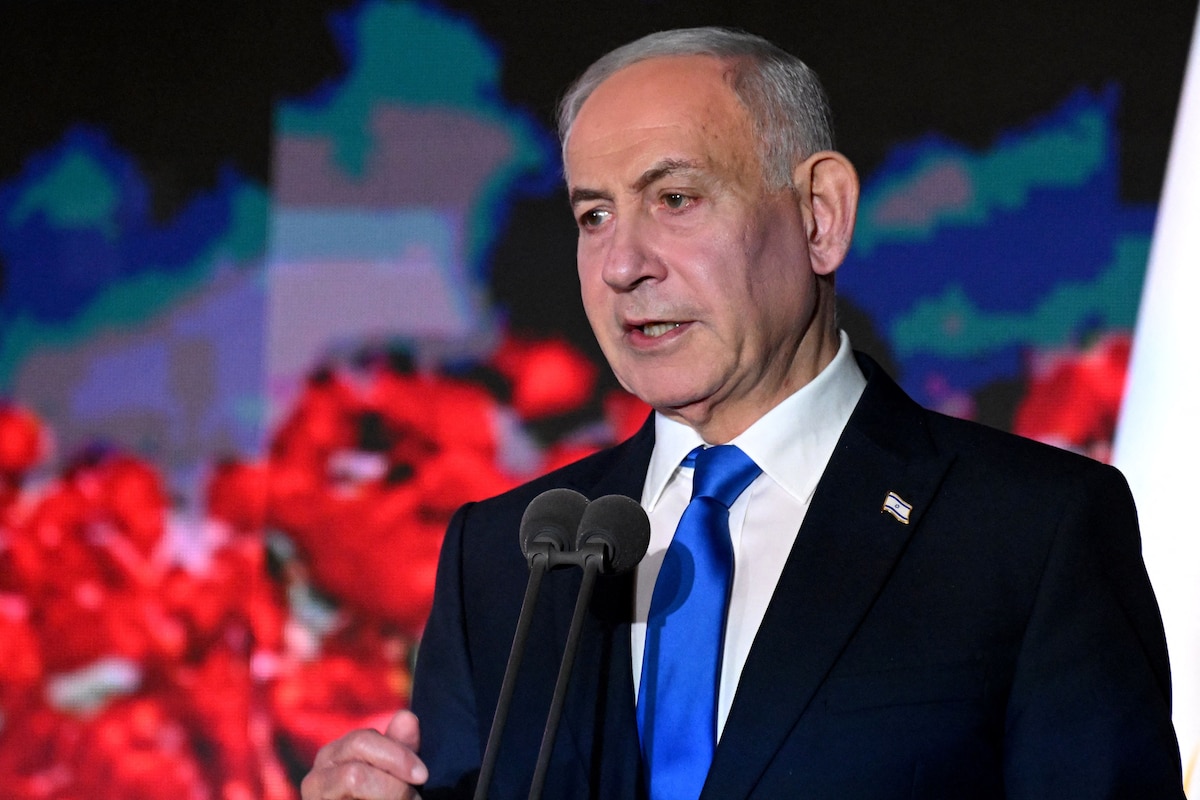 Israeli Prime Minister Benjamin Netanyahu speaks during the state memorial ceremony for the third anniversary of October 7 attack, at Mount Herzl military cemetery in Jerusalem on October 5, 2026. Netanyahu on October 5 vowed there would be no Hamas rule in Gaza as he attended a memorial event marking three years since the militant group's October 7, 2023 attack. (Photo by DEBBIE HILL / POOL / AFP)