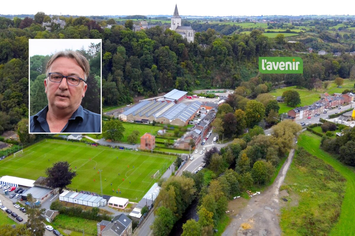 Le terrain A de l'Union Limbourg avec, derrière, l'église St-Georges de Limbourg. À droite, ce qu'il reste de l'ex-UED après les inondations de 2021. En photo médaillon, le président Marc Schyns. | Dans le ciel de l'Union Limbourg (Dolhain) - photo DLIZ (c)