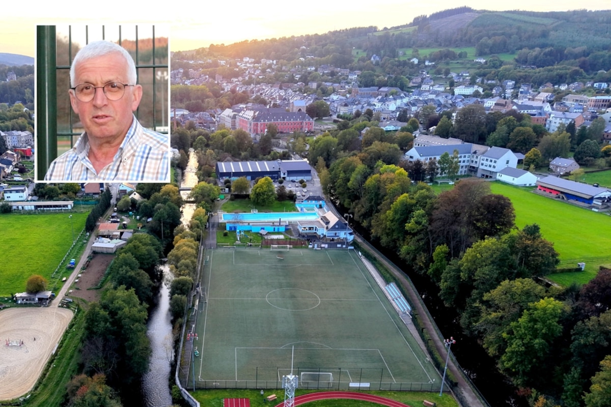José Orban, président du RCS Stavelotain depuis plus d’une décennie, en photo médaillon. À droite, le terrain A du Pré Messire. Au centre de l’image, le terrain synthétique des Bressaix, en bord d’Amblève. Et à gauche, l’ancien terrain de la rue des Îles, que le RCS Stavelotain se verrait bien utiliser s’il venait à être transformé en synthétique. Le tout, non loin de l’Abbaye de Stavelot (arrière-plan, au centre).