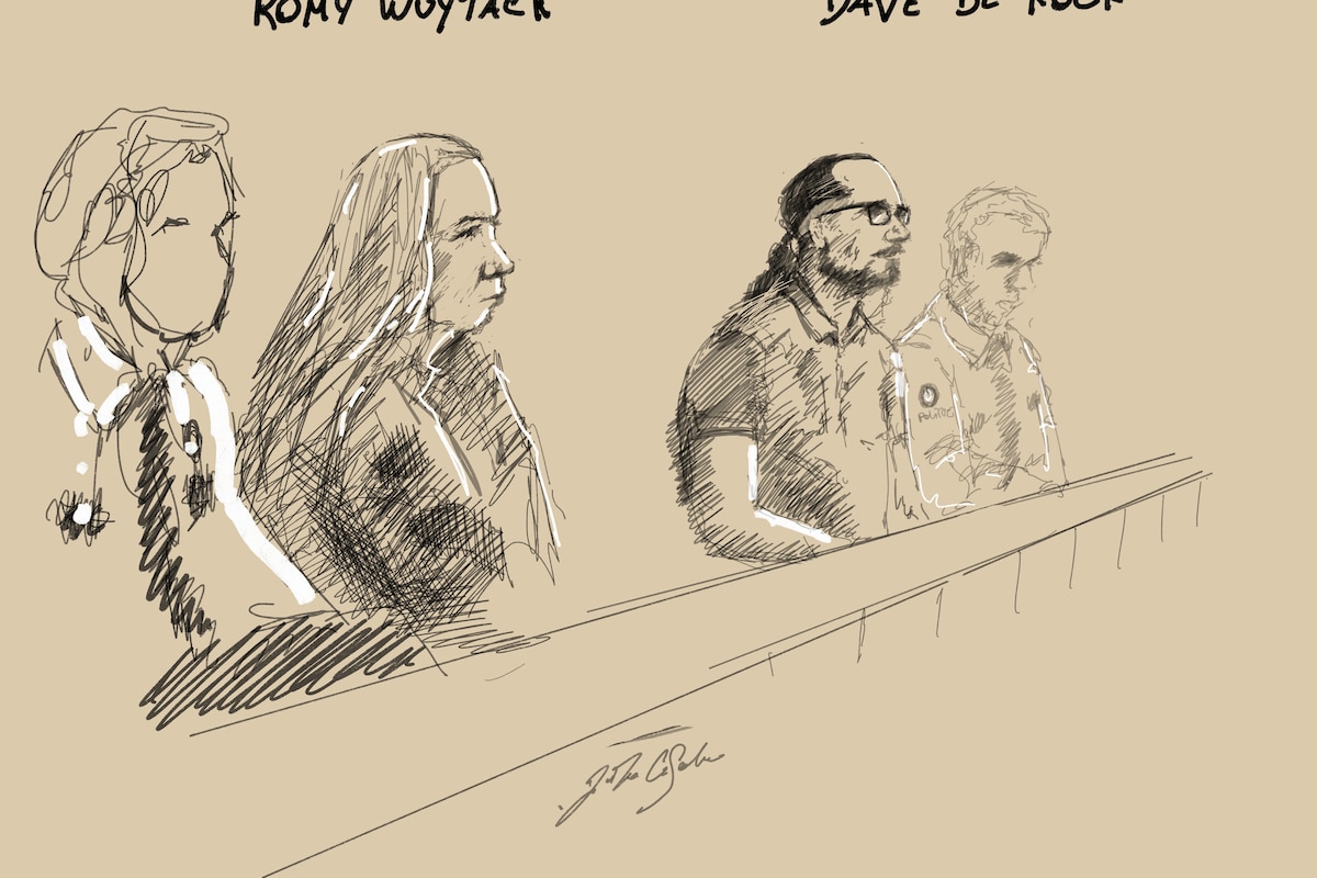 This drawing by Jonathan De Cesare shows the accused Romy W. and Dave De Cock during the composition of the jury in the case of D. De Kock and his ex-girlfriend R. W. regarding the death of Dean Verberckmoes, before the Assizes Court of East-Flanders in Gent, on Monday 5 October 2026. De Kock is accused of manslaughter and the kidnapping of Dean Verberckmoes in 2022. W., a Dutch national, is accused of kidnapping resulting in death. Dean Verberckmoes’s body was found on Monday, January 17, 2022, in the Netherlands near Neeltje Jans in the province of Zeeland.
BELGA PHOTO JONATHAN DE CESARE