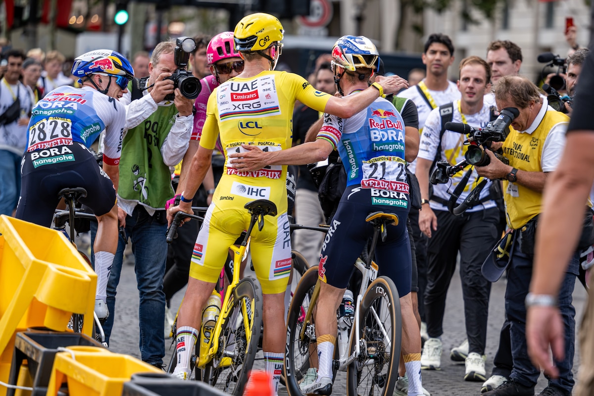 Slovenian Tadej Pogacar of UAE Team Emirates XRG and Belgian Remco Evenepoel of Red Bull-BORA-hansgrohe pictured after stage 21 of the 2026 Tour de France cycling race, a stage of 130km from Thoiry to Paris Champs-Elysees , on Sunday 26 July 2026. The 113th edition of the Tour de France starts on Saturday 4 July in Barcelona, Spain, and will finish in Paris, France on the 26th of July. BELGA PHOTO DAVID PINTENS