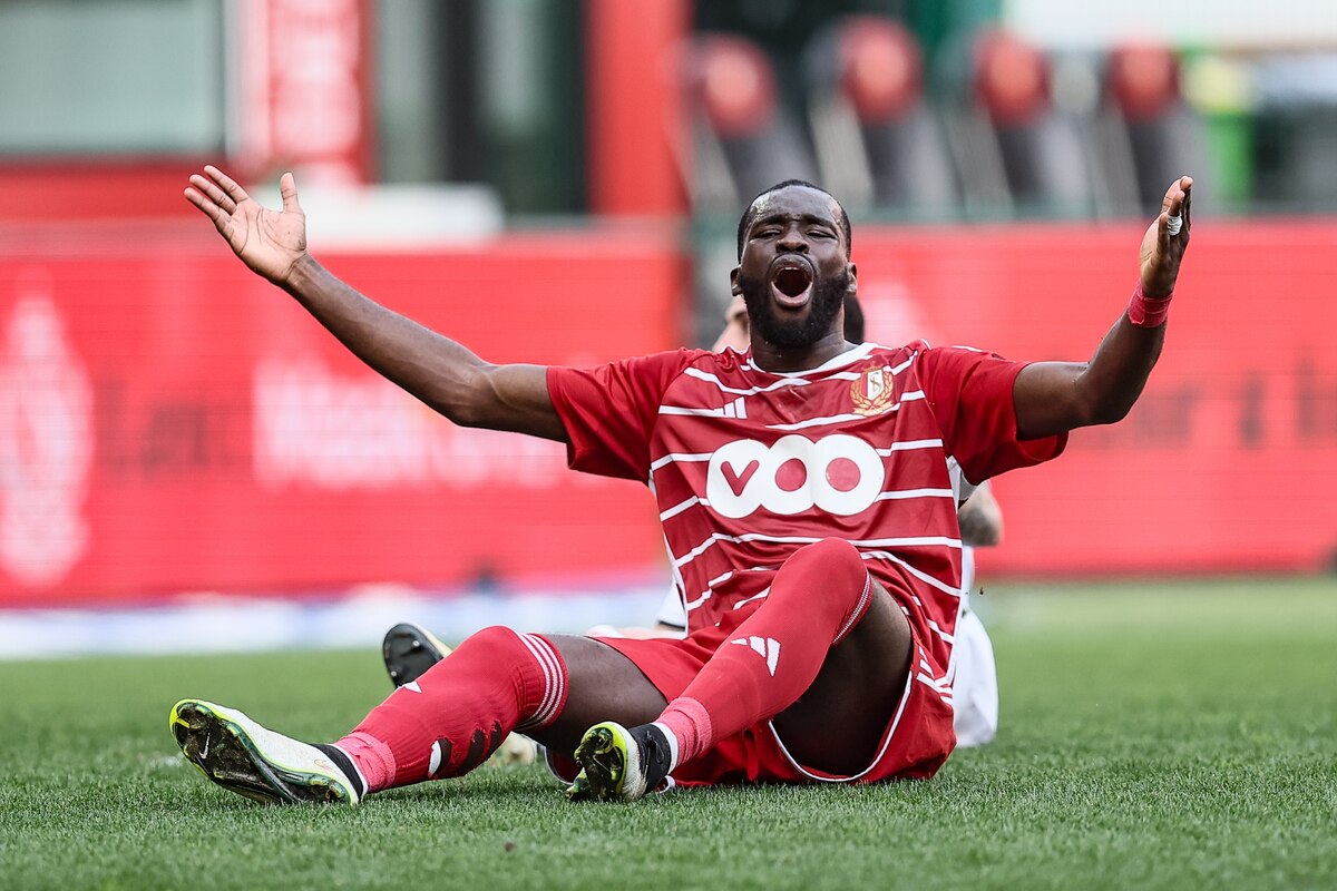 Standard's Wilfried Kanga reacts during a soccer match between Standard de Liege and Oud-Heverlee Leuven, Saturday 06 April 2024 in Liege, on day 2 (out of 10) of the Europe Play-offs of the 2023-2024 'Jupiler Pro League' first division of the Belgian championship. BELGA PHOTO BRUNO FAHY