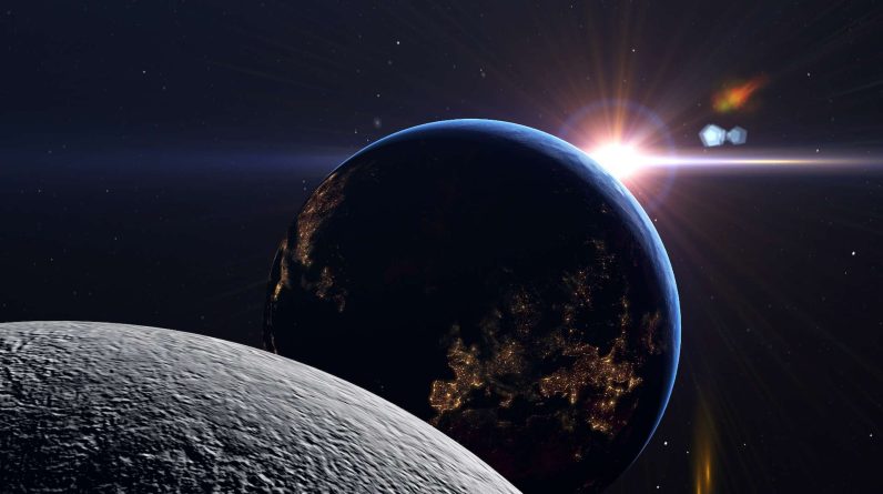 The Earth, Moon and Sun artists rendering.