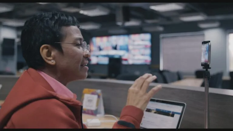 Maria Ressa, the Nobel Peace Prize-winning co-founder and CEO of Rappler, in a still image from the 2021 FRONTLINE documentary "A Thousand Cuts." Both Ressa and Rappler have faced recent legal setbacks, including a government order to shut down the news site and an upheld cyber libel conviction.