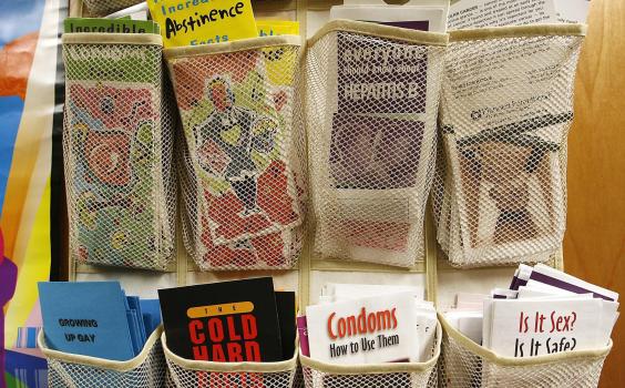 Defunding_Abortion_Providers_49776 FILE – Pamphlets line the door to the health clinic at King Middle School in Portland, Maine, on April 18, 2008. (AP Photo/Cheryl Senter, File)