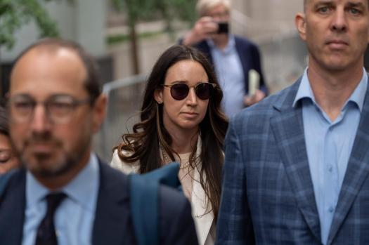 FILE – Charlie Javice, center, exits Manhattan federal court, Monday, Sept. 29, 2025, in New York. (AP Photo/Yuki Iwamura, File)
