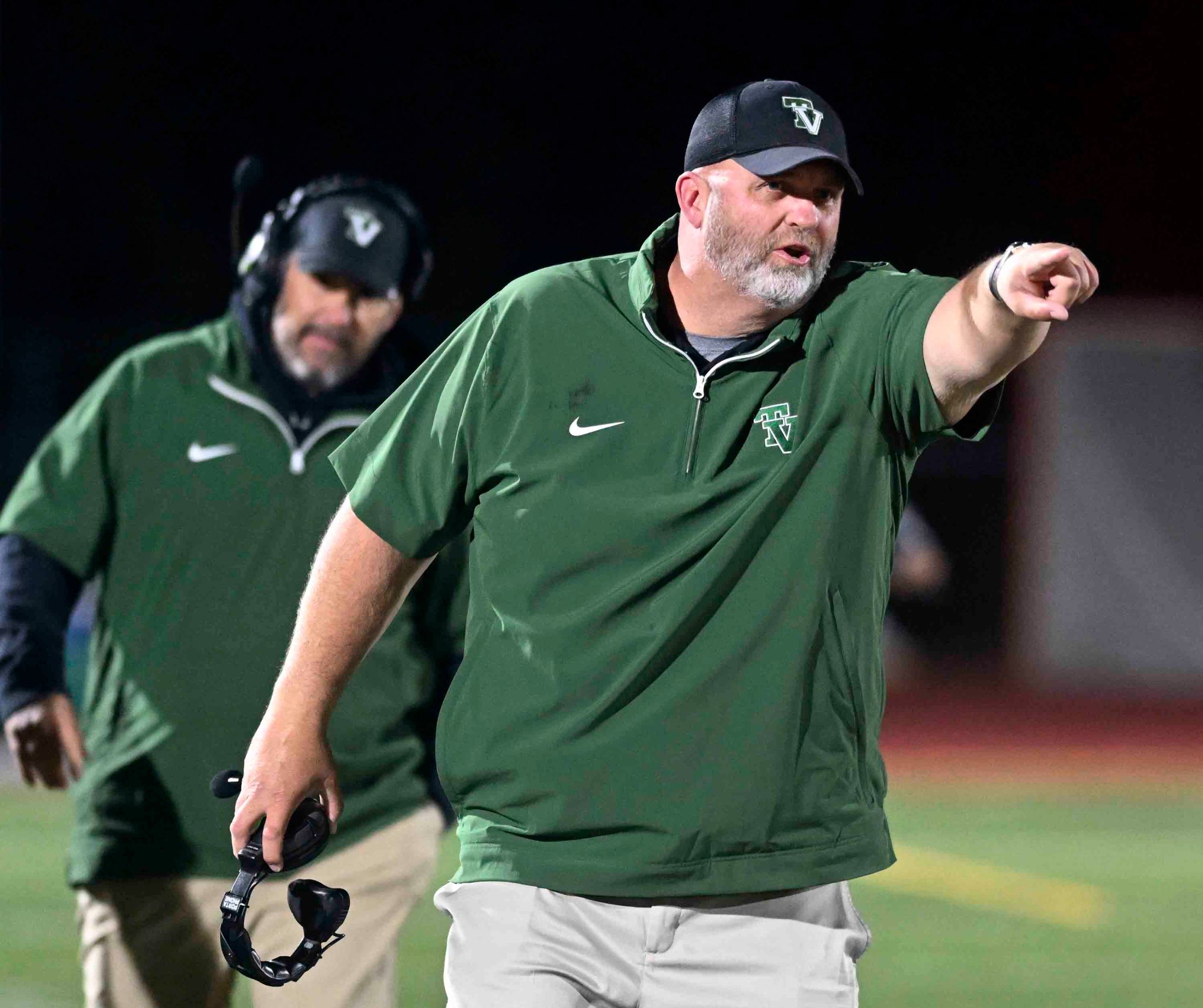 Twin Valley coach Brett Myers shouts instructions to the Raiders in a 42-7 victory over Lampeter-Strasburg on Friday, Oct. 17, 2025, at Elverson. (BILL UHRICH/READING EAGLE)