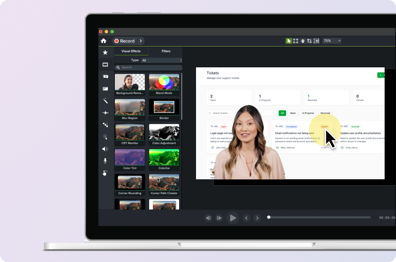 a laptop with the camtasia ui open on it with an example video on the editing screen