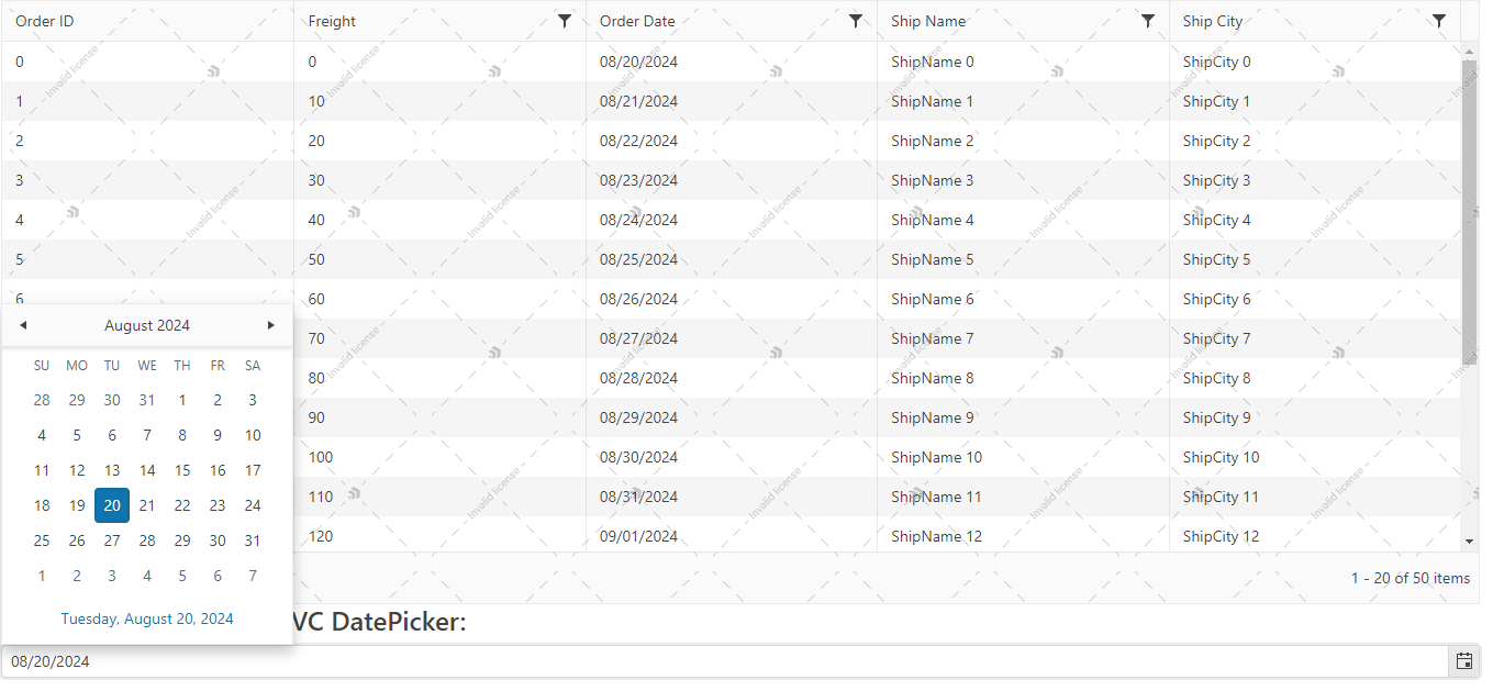 UI for ASP.NET MVC Sample page showing a Grid and a DatePicker
