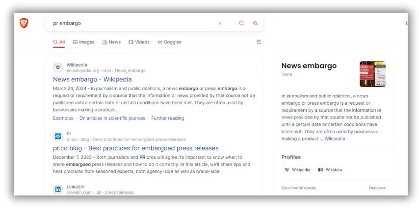 Surprising Google competitors - Brave search result. 