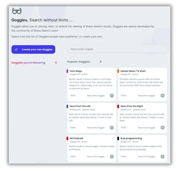 Surprising Google competitors - Brave Search Goggle feature.