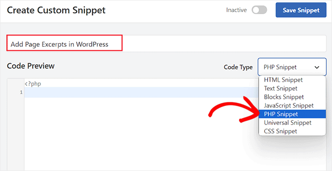 Choose the PHP Snippet option for the page excerpts code Choose the PHP Snippet option for the page excerpts code