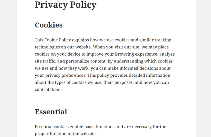 Example of cookies policy page