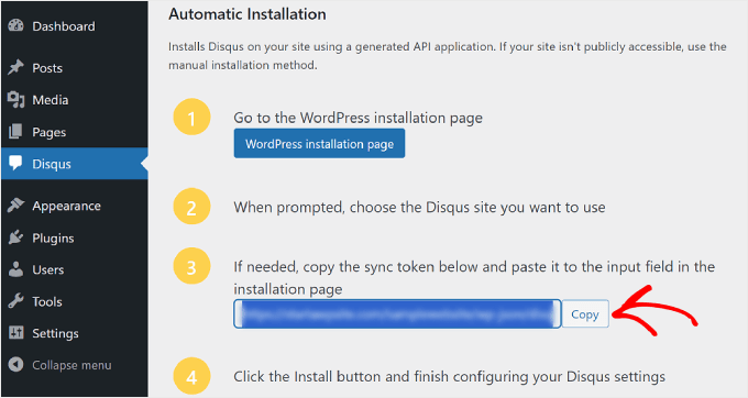 Copying the Disqus installation token in WordPress Copying the Disqus installation token in WordPress