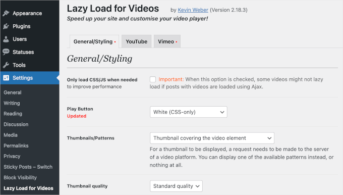 Come programmare gli articoli di WordPress per i media sociali con Buffer Settings page for lazy load for videos WordPress plugin