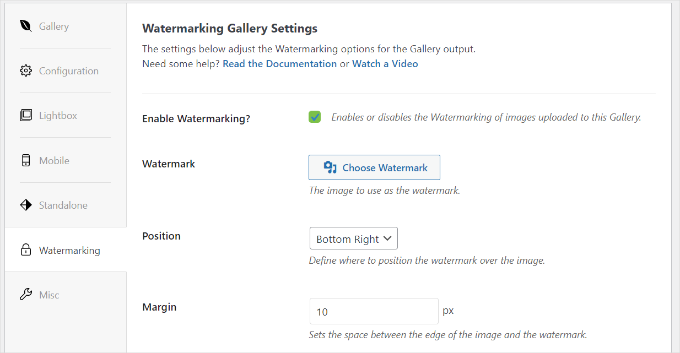 Watermarking settings Watermarking settings