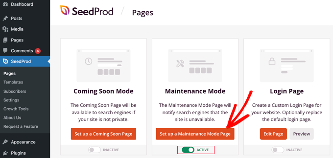 seedprodpagessetupmaintenancemode Switch the Maintenance Mode Toggle to Active