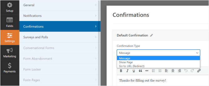 Edit form confirmation settings Edit form confirmation settings