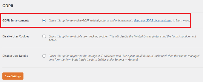 Enable GDPR enhancements Enable GDPR enhancement option
