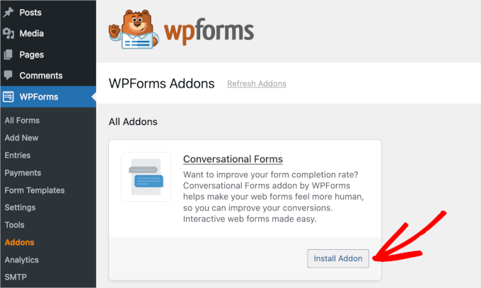 wpadminarea-wpforms-addons-conversationalforms-installaddon Install Conversational Forms Addon by WPForms