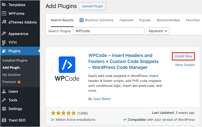 Installazione di WPCode Installazione di WPCode