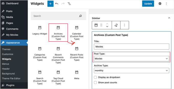 Widget de Arquivos de Tipo de Postagem Personalizado Widget de Arquivos de Tipo de Postagem Personalizado