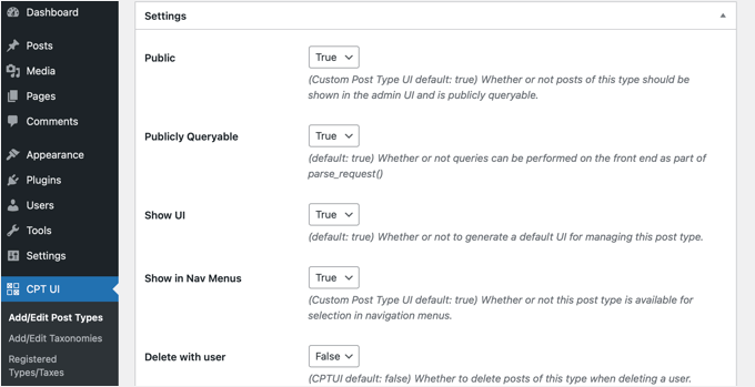 Role para baixo até a seção Configurações do tipo de postagem Role para baixo até a seção Configurações do tipo de postagem