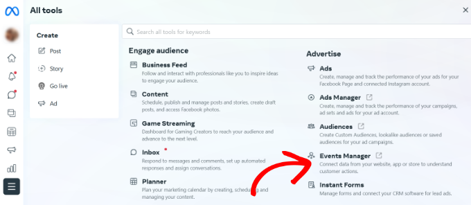 Facebook event manager Go to event manager