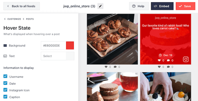Impostazioni dello stato hover di Smash Balloon Impostazioni dello stato hover di Smash Balloon
