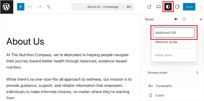 L'opzione CSS aggiuntivo nell'editor a blocchi